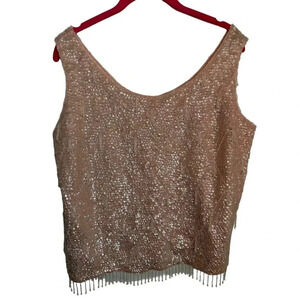 Vintage Brocks Pink Sequin Beaded Shell Wool Knit Fringe Tank Top Size 40